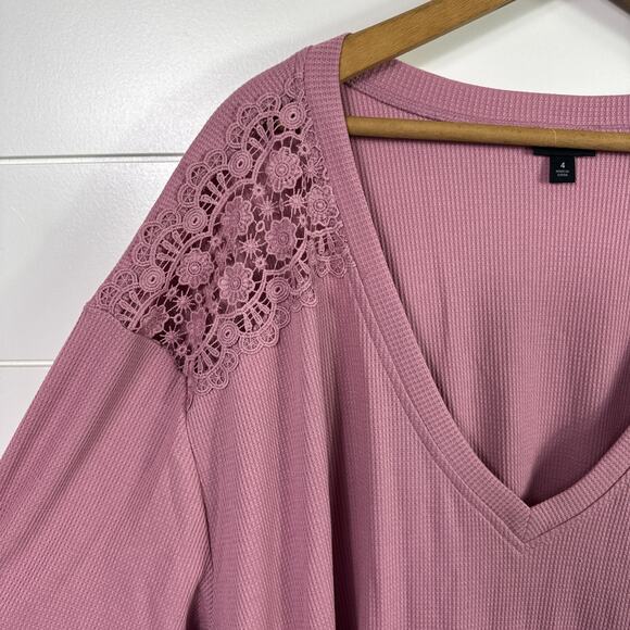 Torrid Knit V-Neck Lace Long Sleeve Waffle Thermal Babydoll Shirt Purple sz 4 - Picture 4 of 8